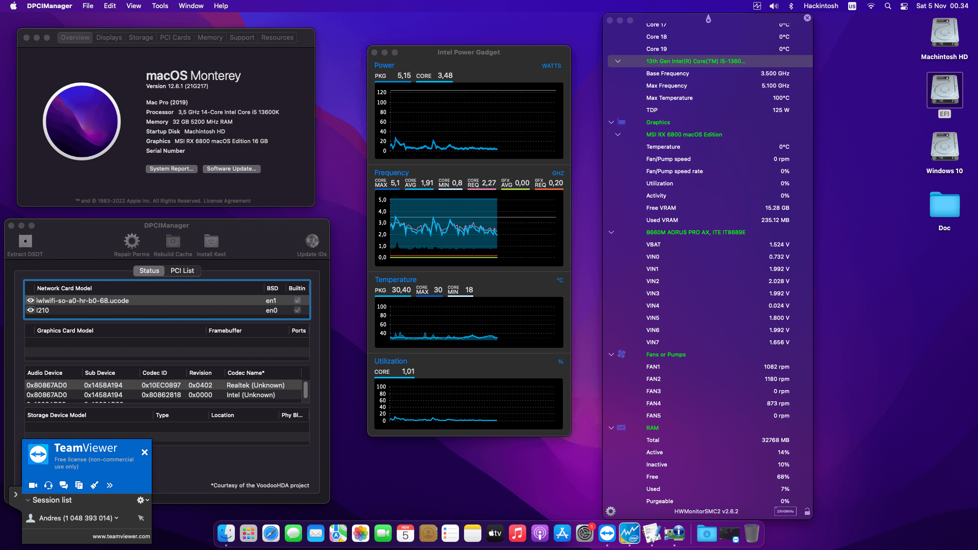 Success Hackintosh macOS Montery 12.6.1 Build 21G217 in Gigabyte Aorus B660M Pro AX + Intel Core i5 13600K + MSI RX 6800
